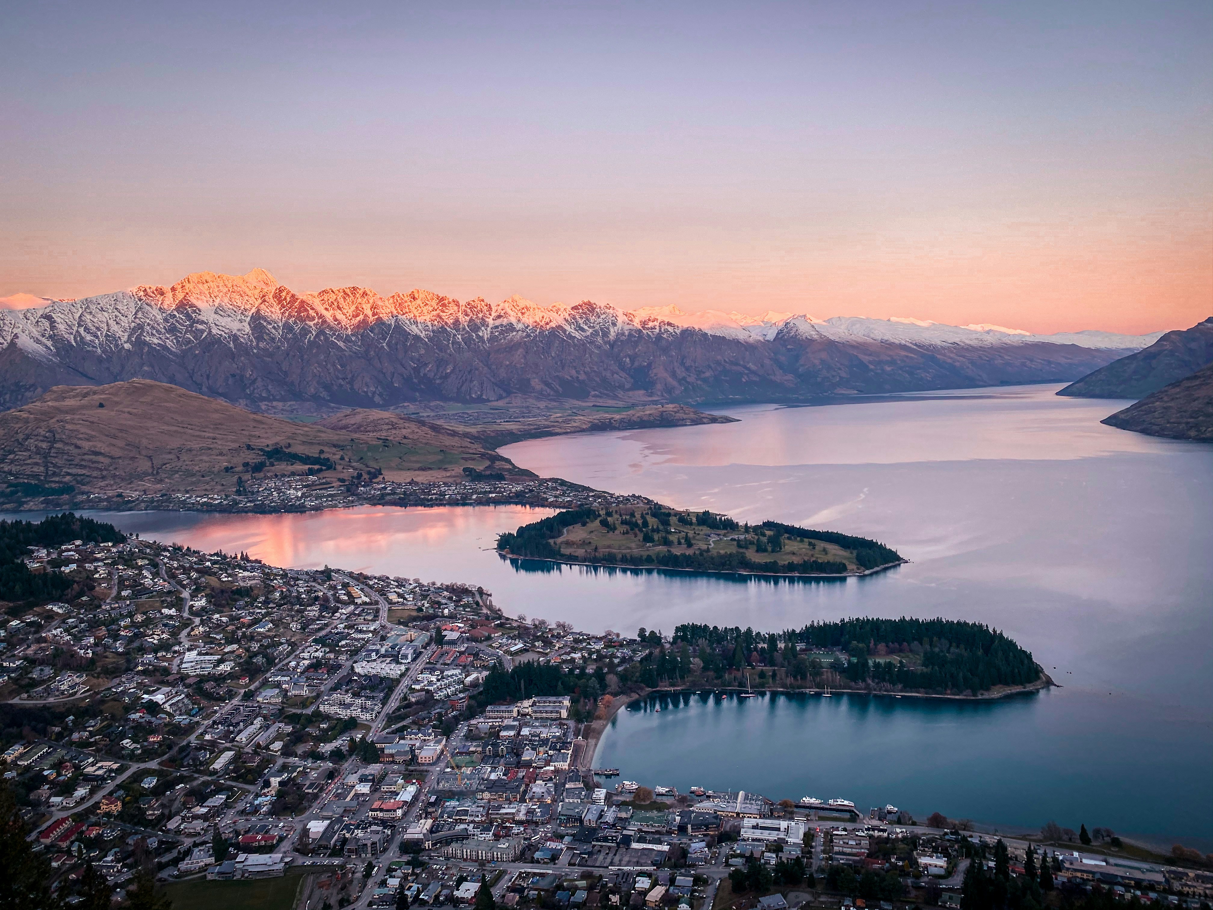 Queenstown aerial view with lake and mountains